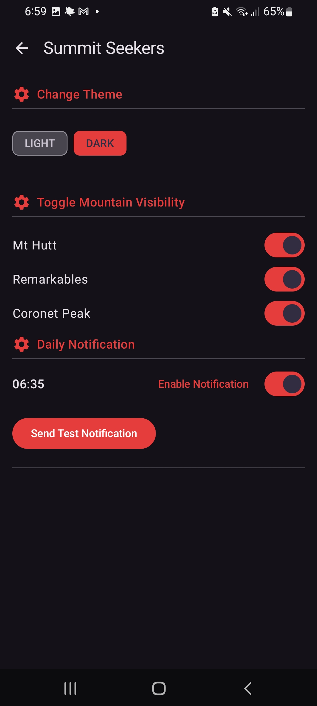 SummitSeekers – Settings dark